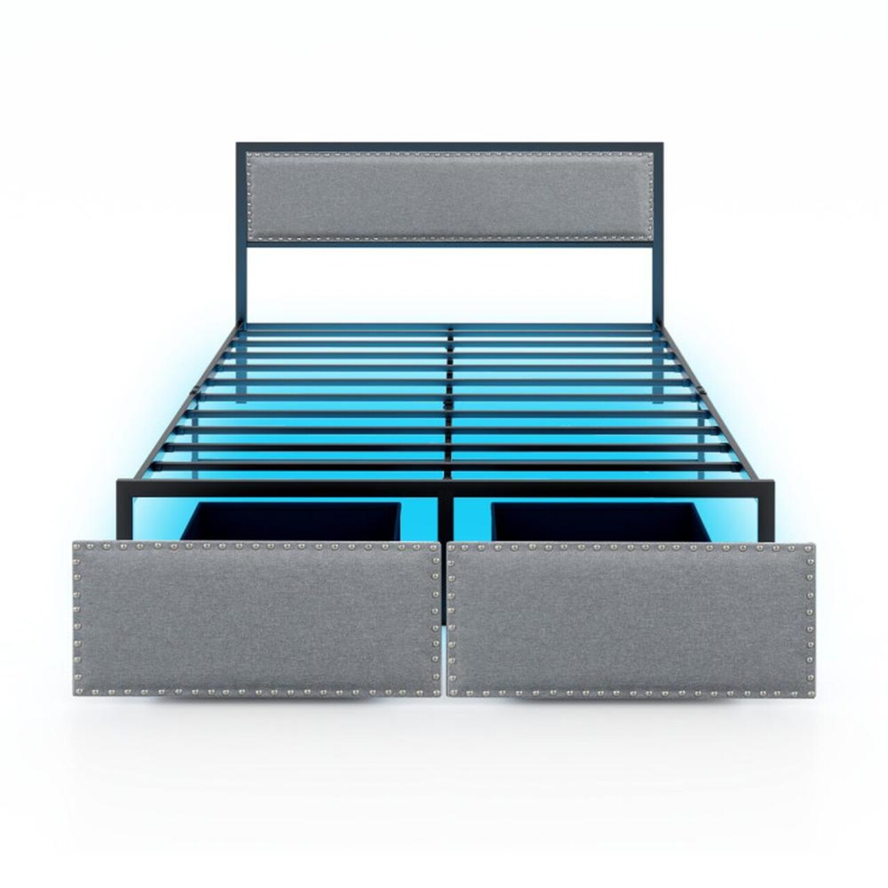 Edge Collections - Gray - LED Illuminated Bed Frame with Rolling Storage and Metal Support - 1 Piece